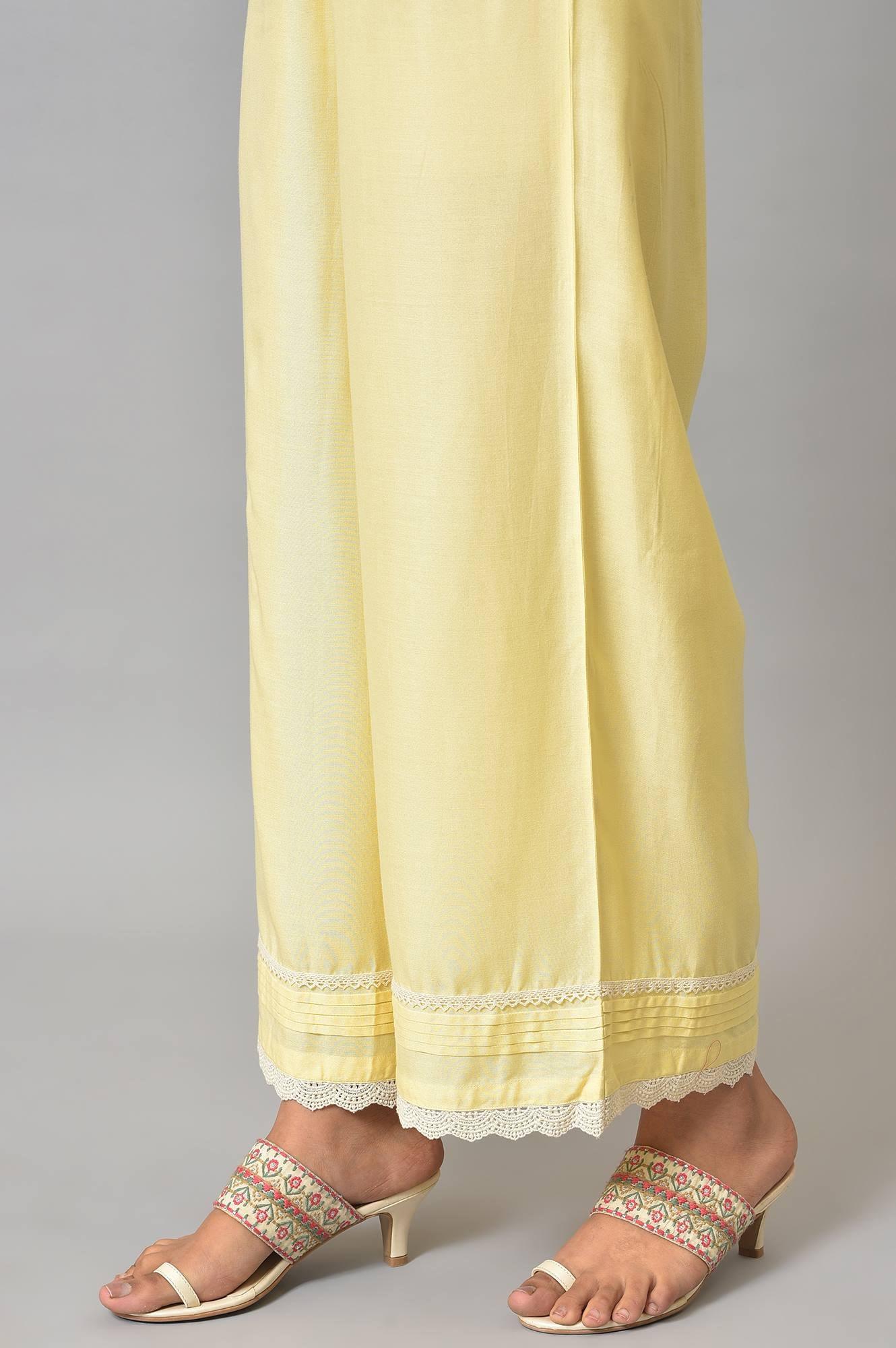 Lemonade Yellow Parallel Pants With Lace Border - wforwoman