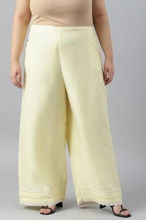 Light Yellow Plus Size Parallel Pants With Pleats And Lace Detail - wforwoman