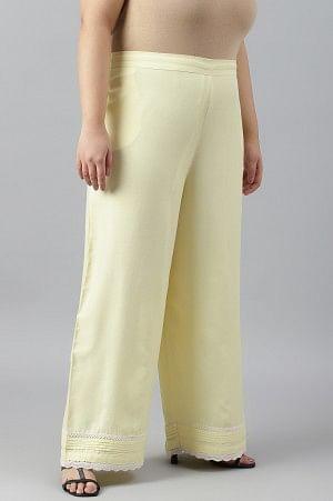 Light Yellow Plus Size Parallel Pants With Pleats And Lace Detail - wforwoman