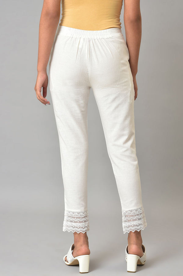 White Lace Trim Cotton Slim Pant