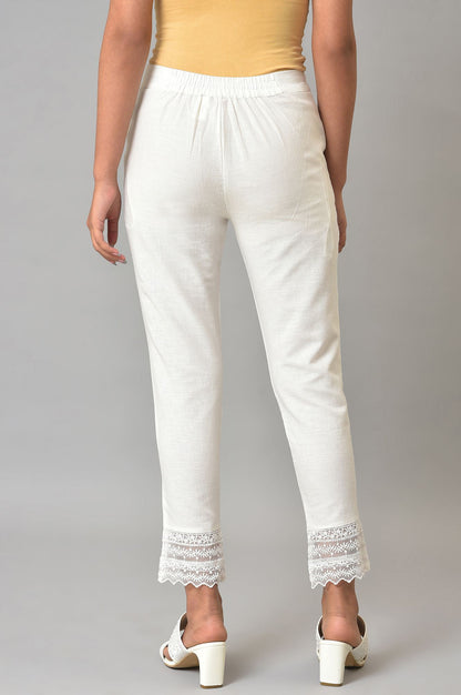 White Solid Cotton Flax Slim Pant with Embellished Hemline