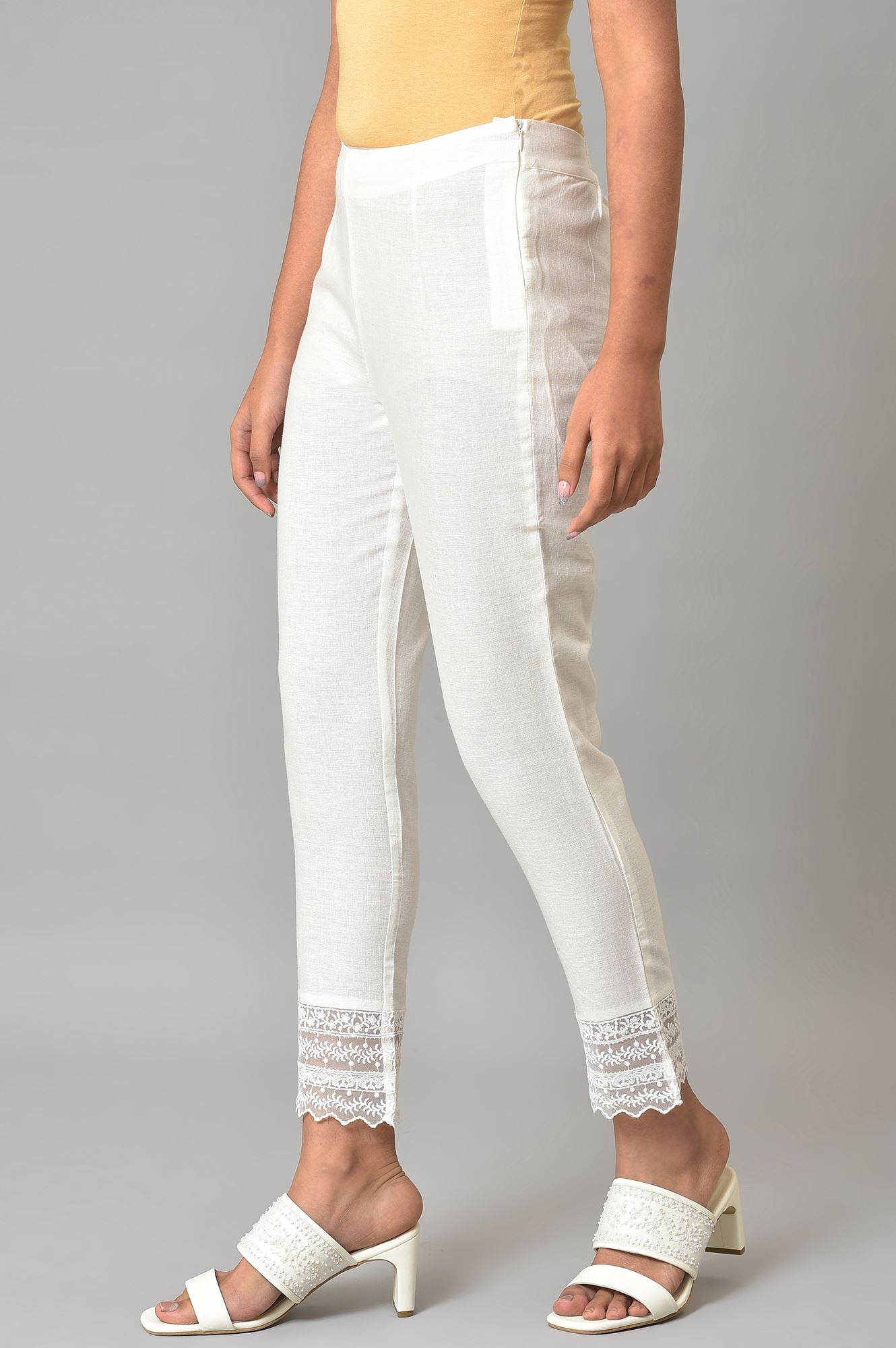 White Solid Cotton Flax Slim Pant with Embellished Hemline