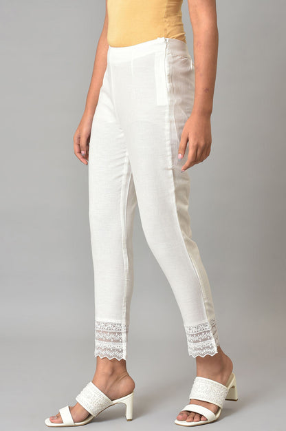 White Solid Cotton Flax Slim Pant with Embellished Hemline