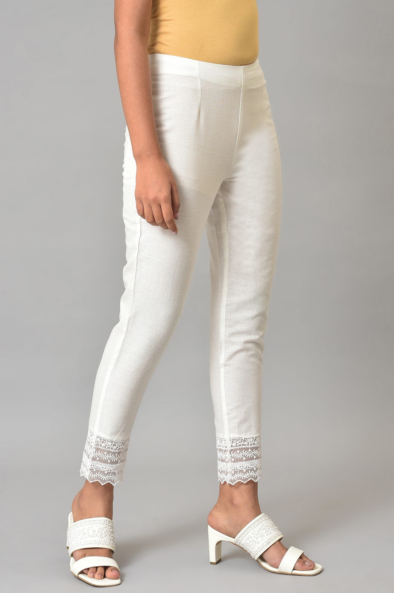 White Lace Trim Cotton Slim Pant