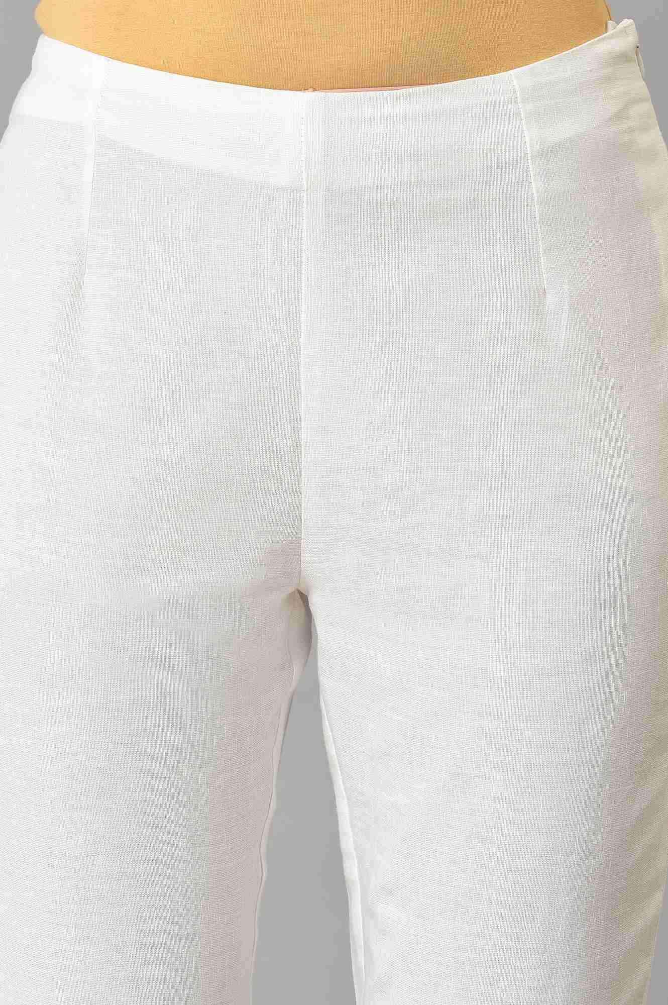 White Solid Cotton Flax Slim Pant with Embellished Hemline