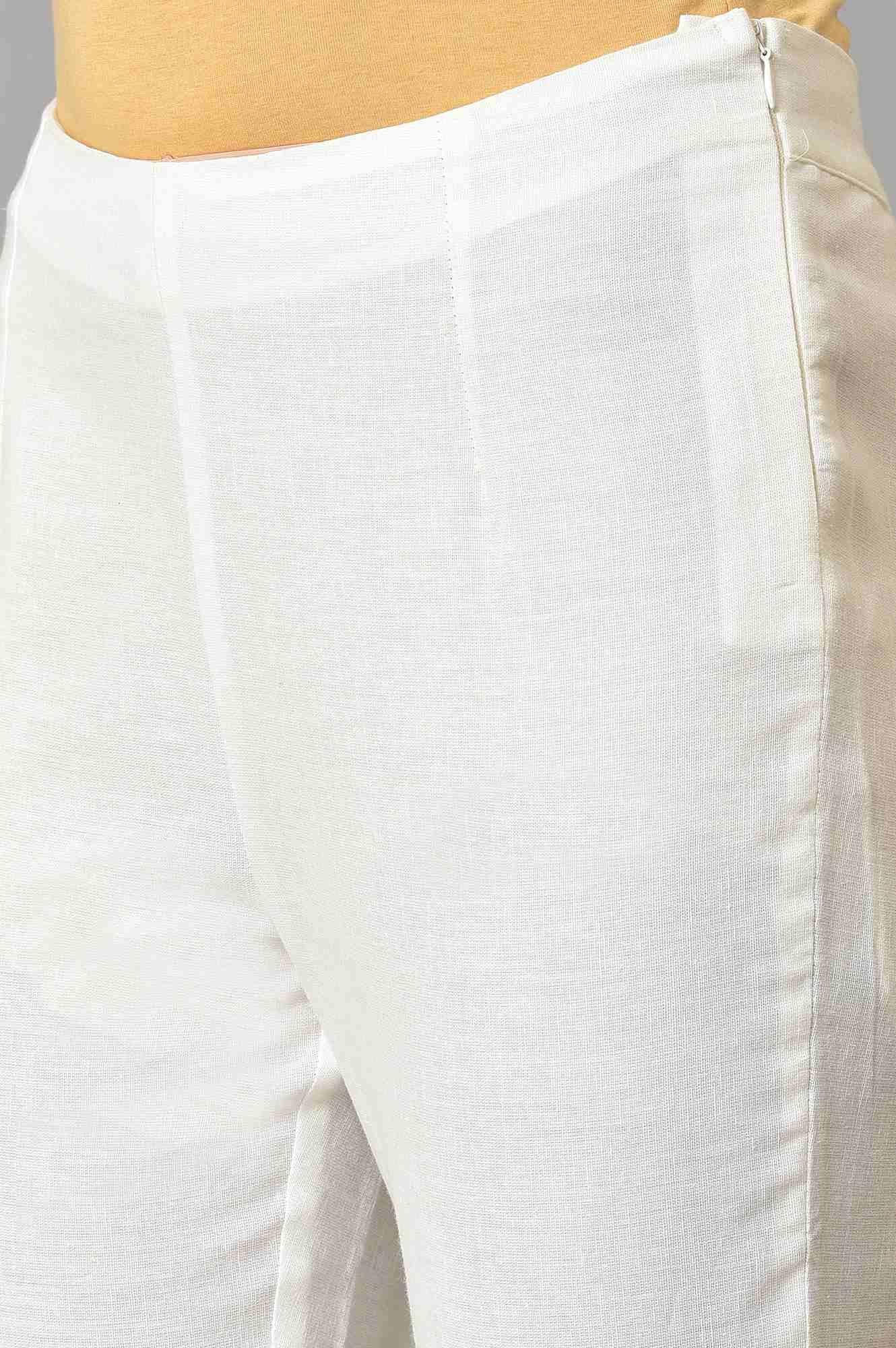 Ecru Solid Slim Pants With Lace - wforwoman