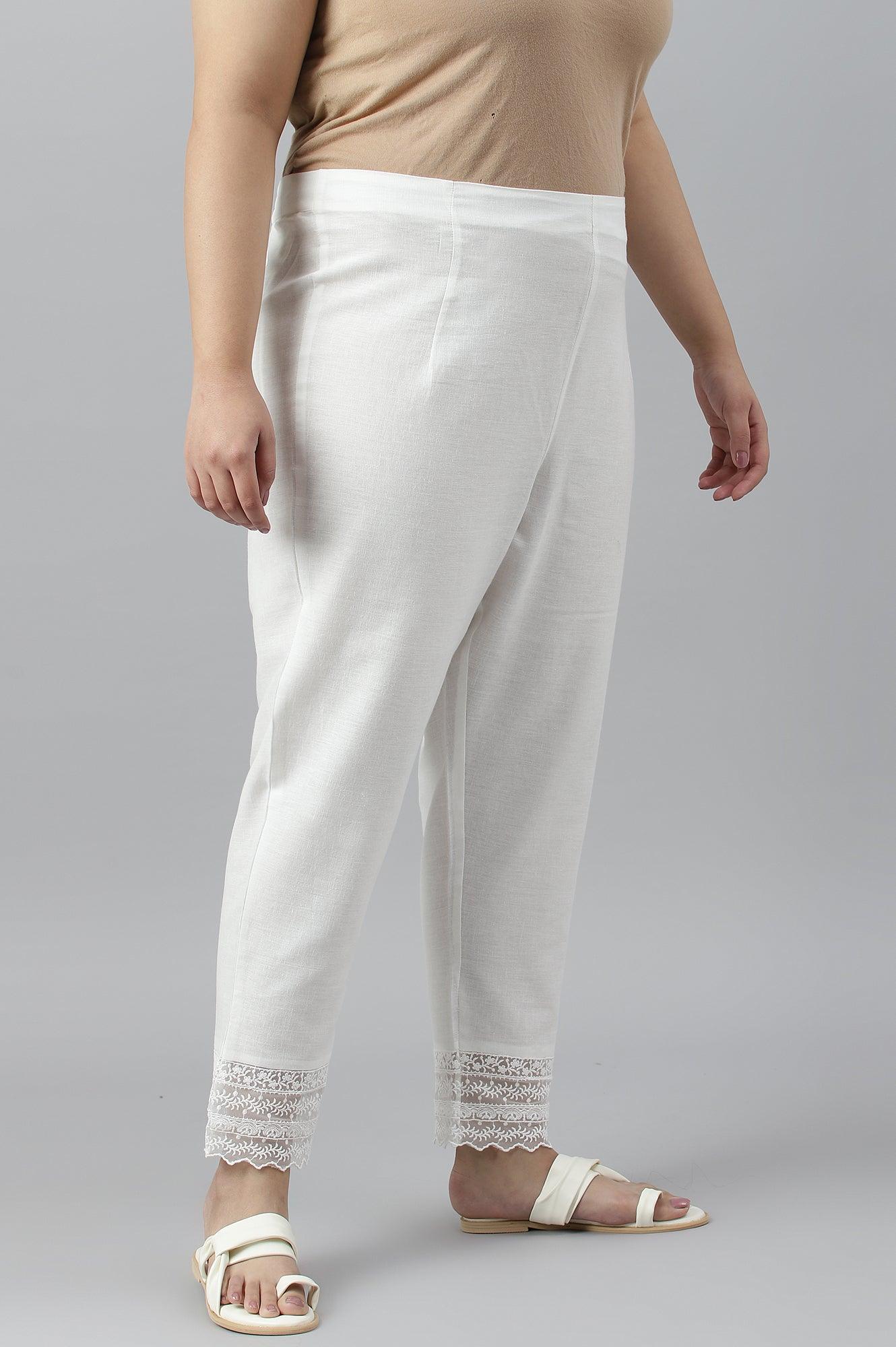 Ecru Slim Pants With Lace Hemline - wforwoman