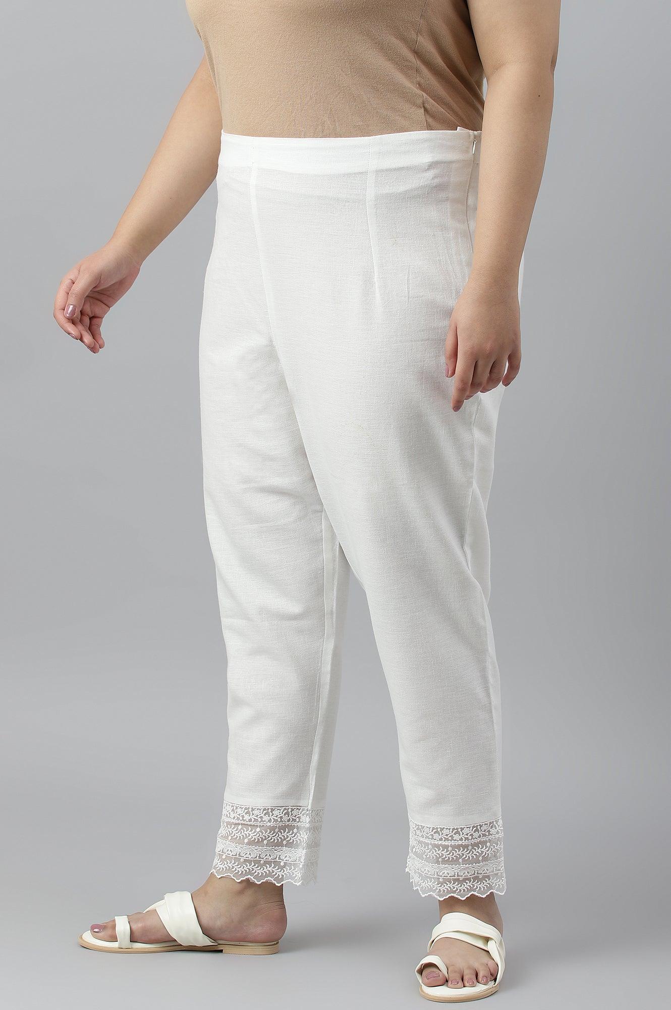 Ecru Slim Pants With Lace Hemline - wforwoman