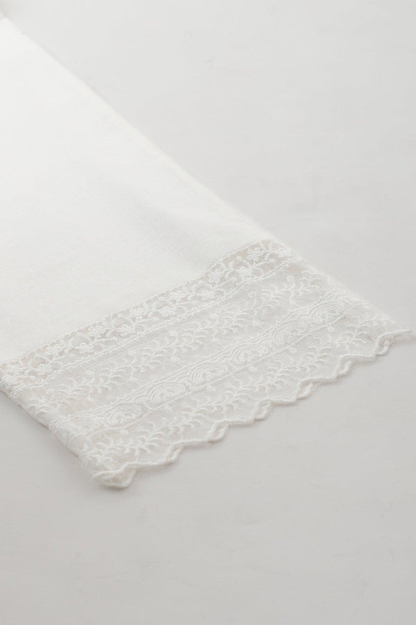 Ecru Slim Pants With Lace Hemline