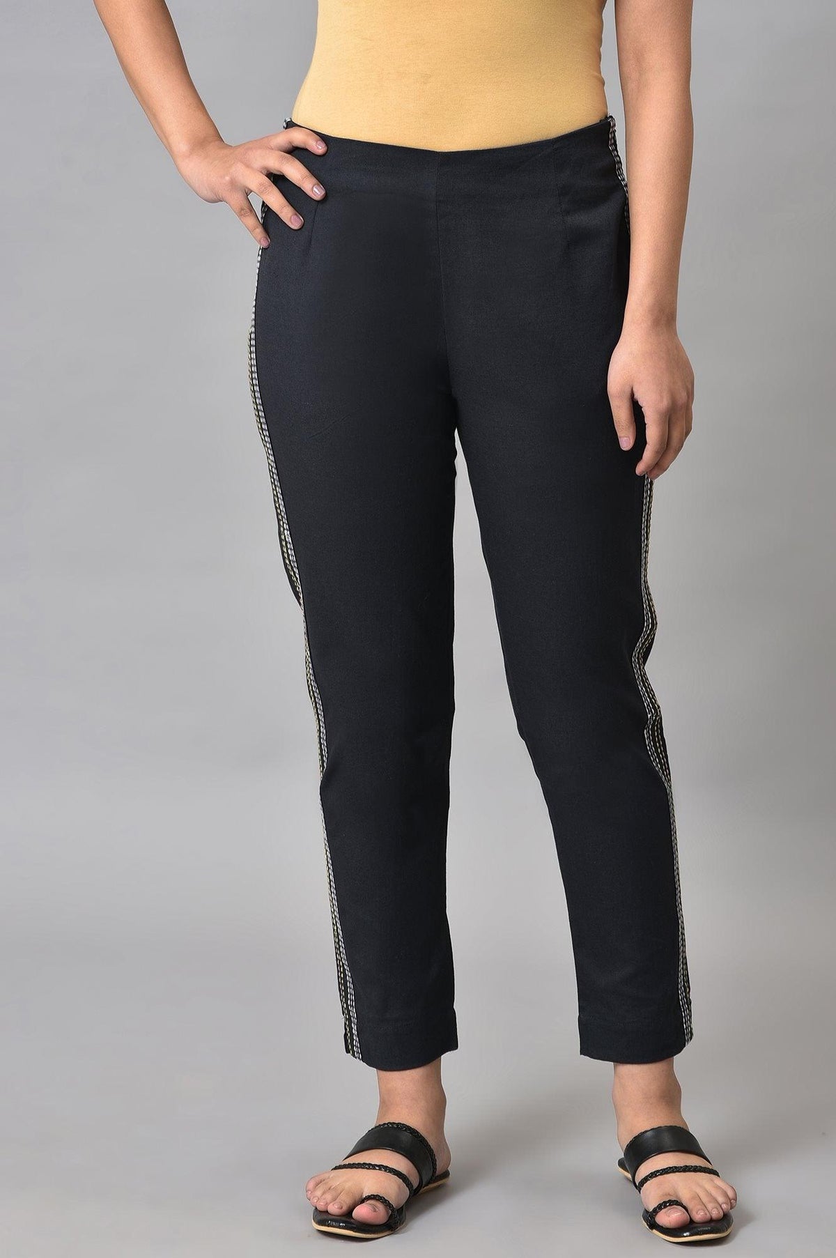 Plus Size Black Parallel Pants With Side Embroidery - 4XL
