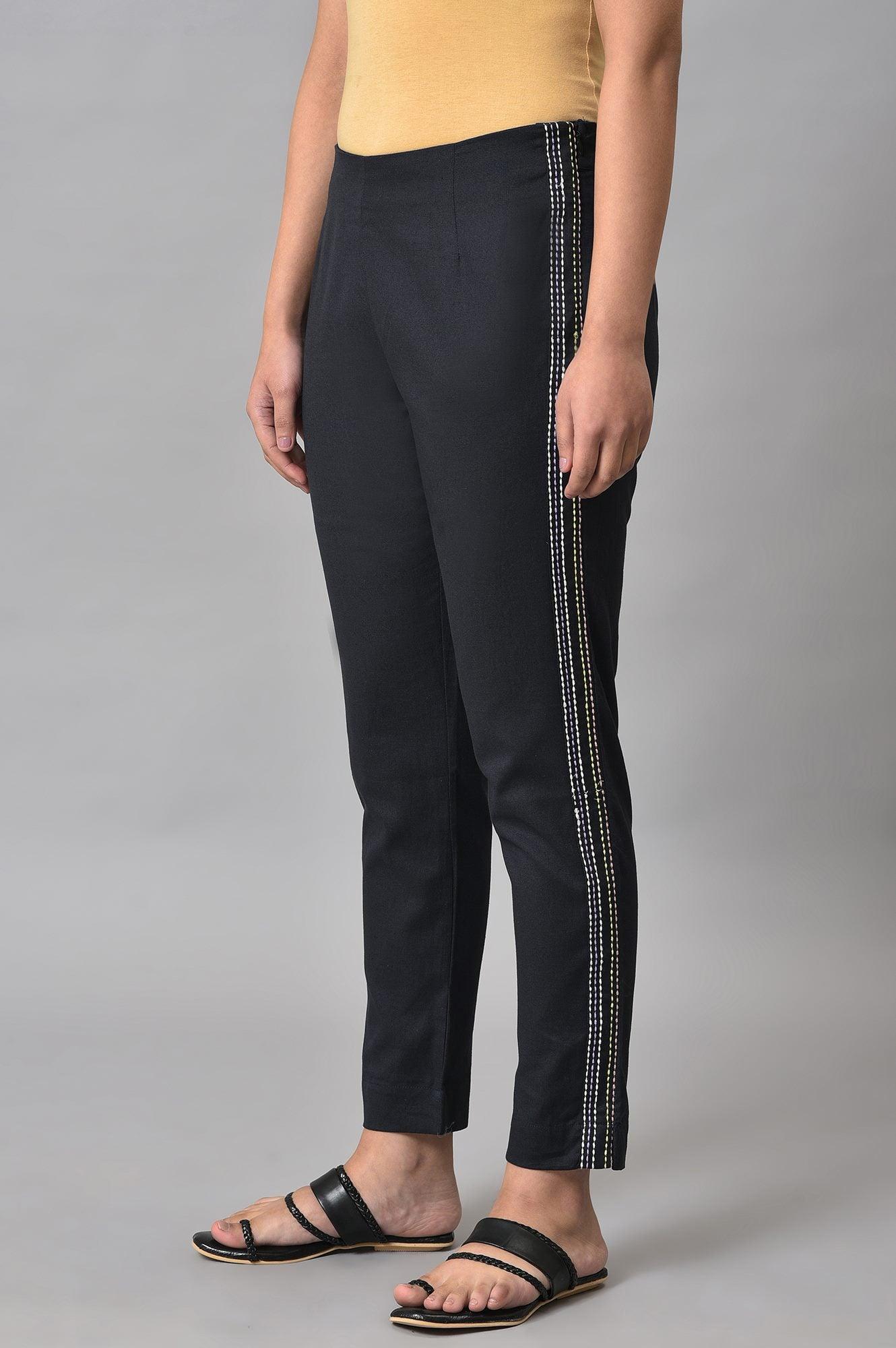 Plus Size Black Parallel Pants With Side Embroidery - wforwoman
