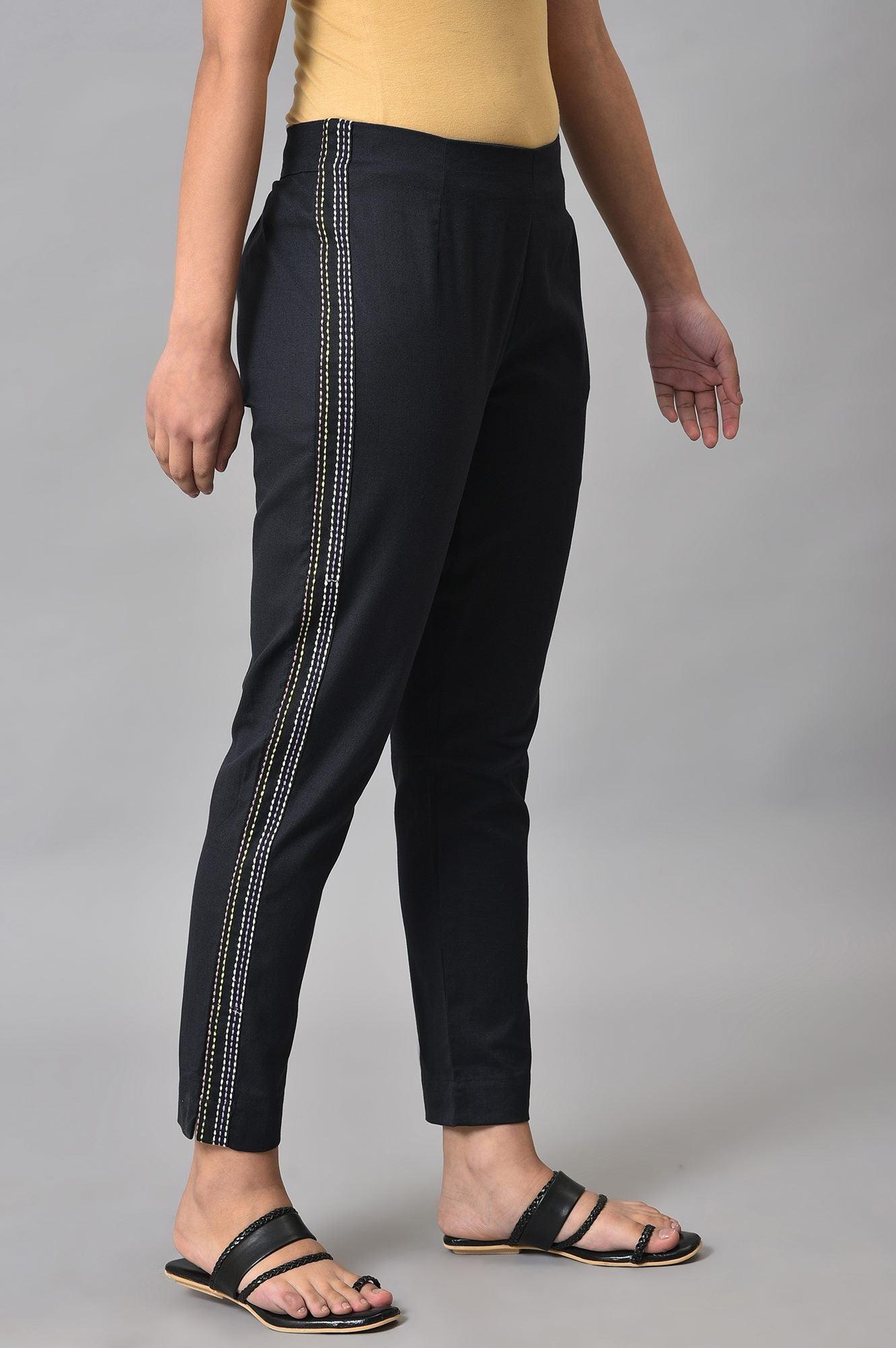 Black Parallel Pants With Side Embroidery - wforwoman