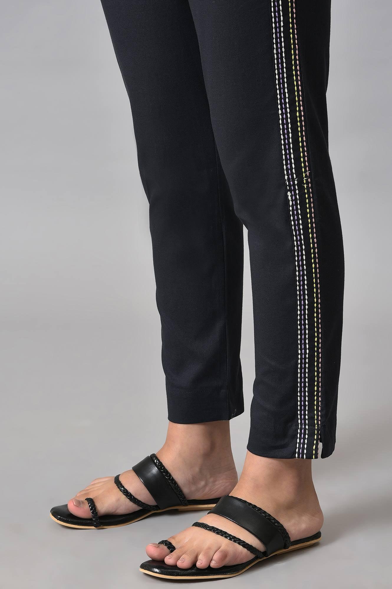 Black Parallel Pants With Side Embroidery - wforwoman