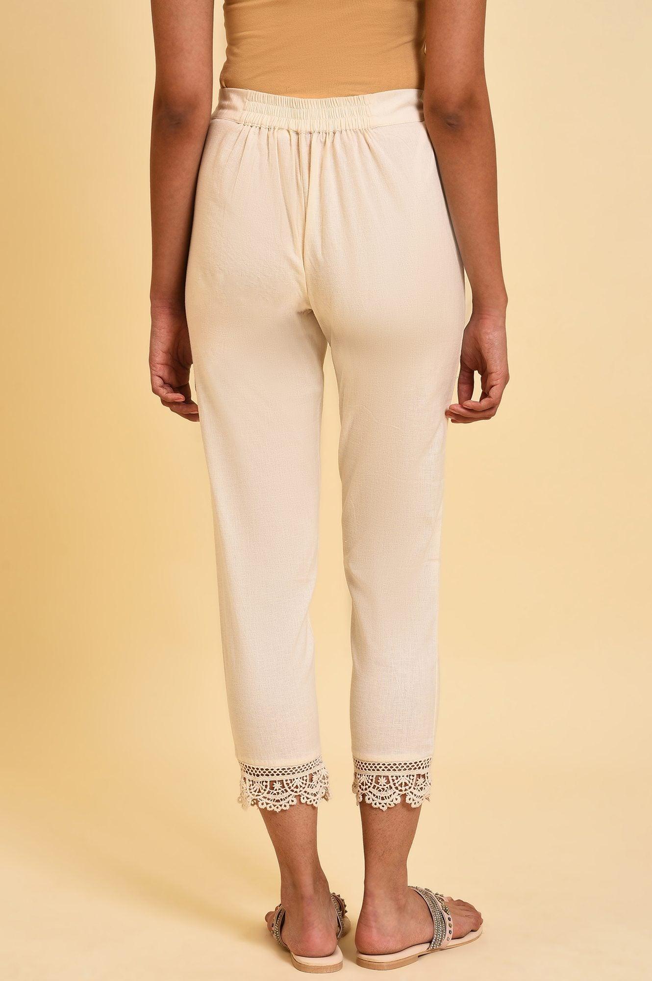 Ecru Lace Cotton Flax Slim Pants - wforwoman