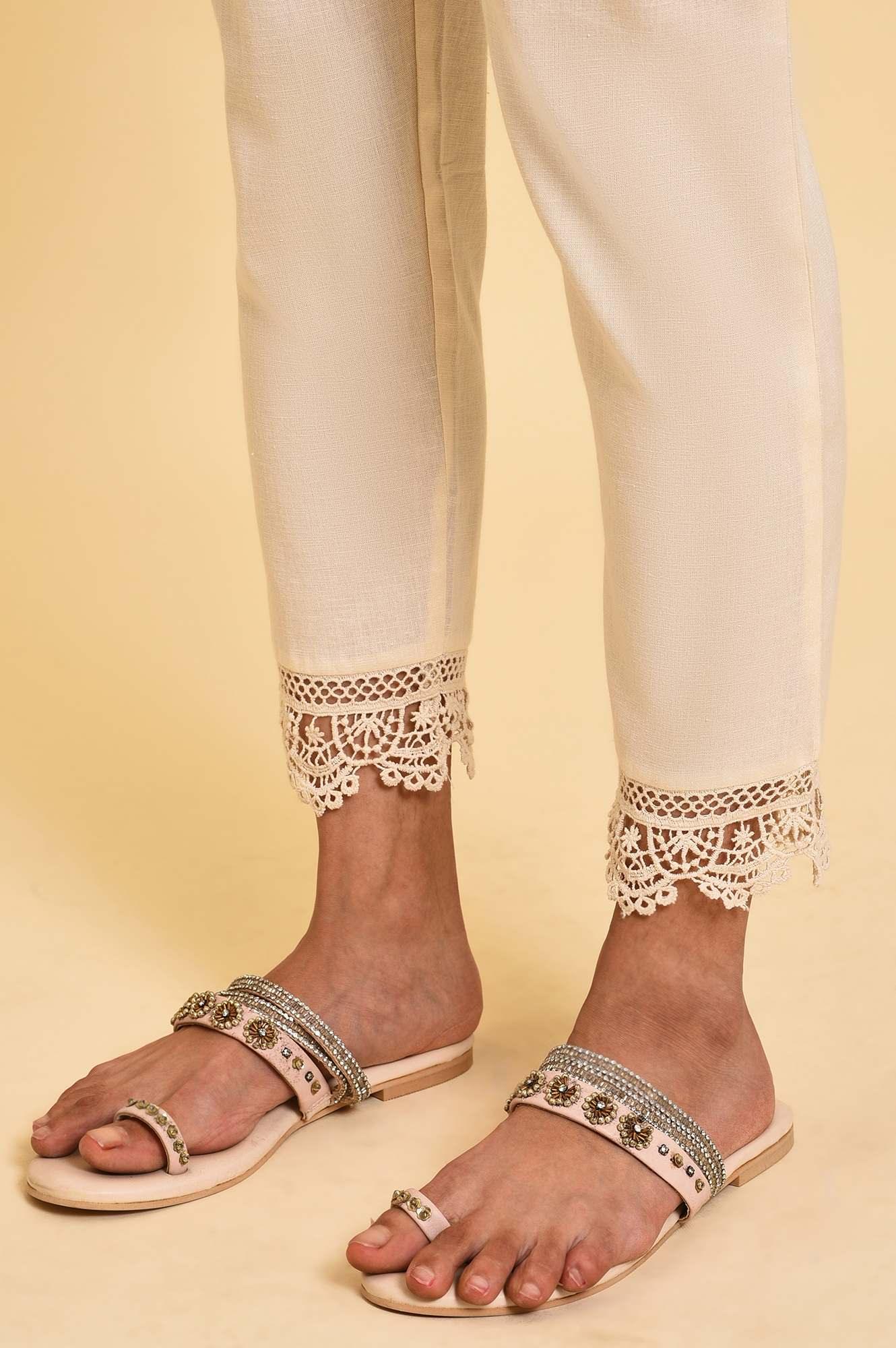 Ecru Lace Cotton Flax Slim Pants - wforwoman