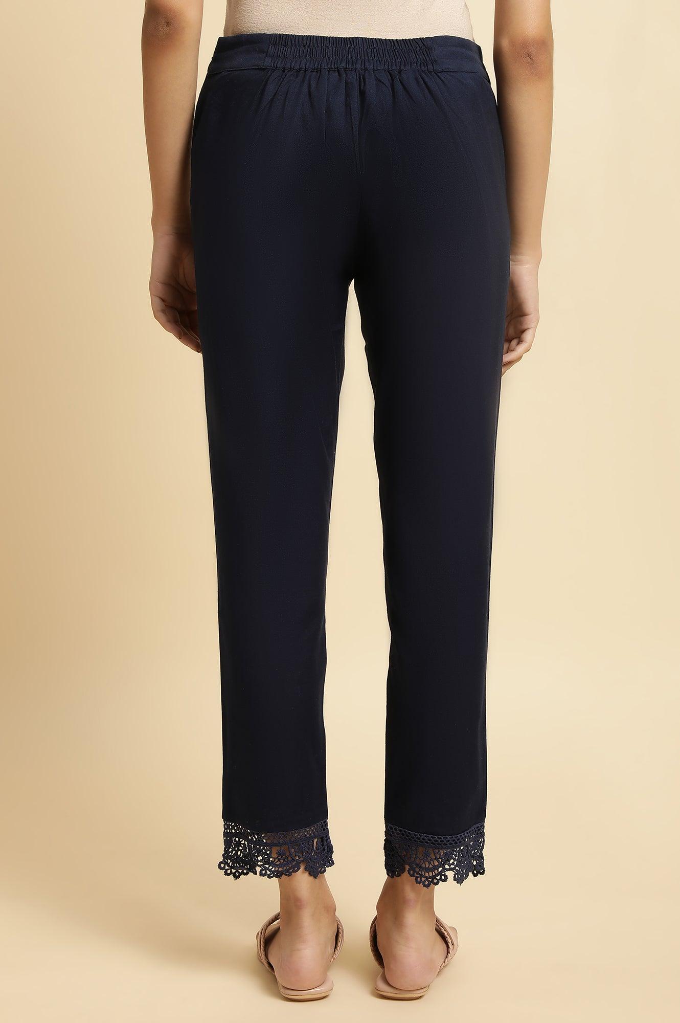 Blue Lace Cotton Flax Slim Pants - wforwoman