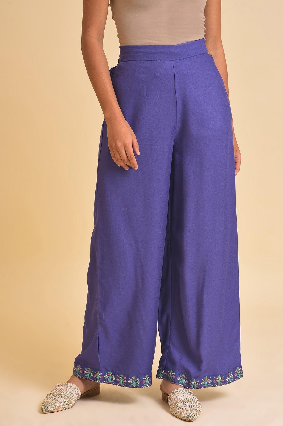 Purple Rayon Embroidered Parallel Pants - XS