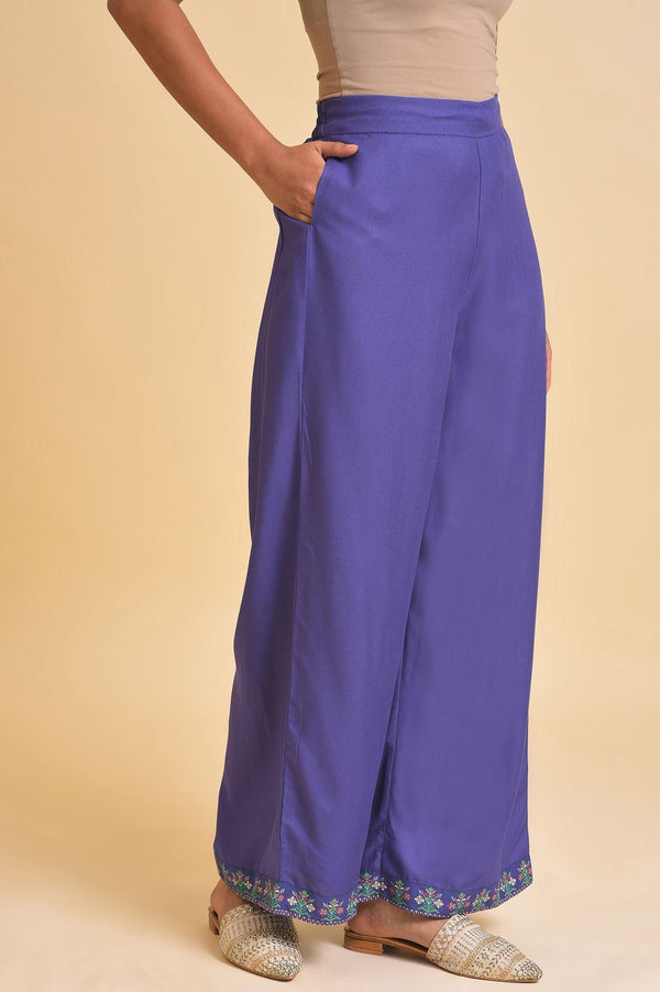 Purple Rayon Embroidered Parallel Pants