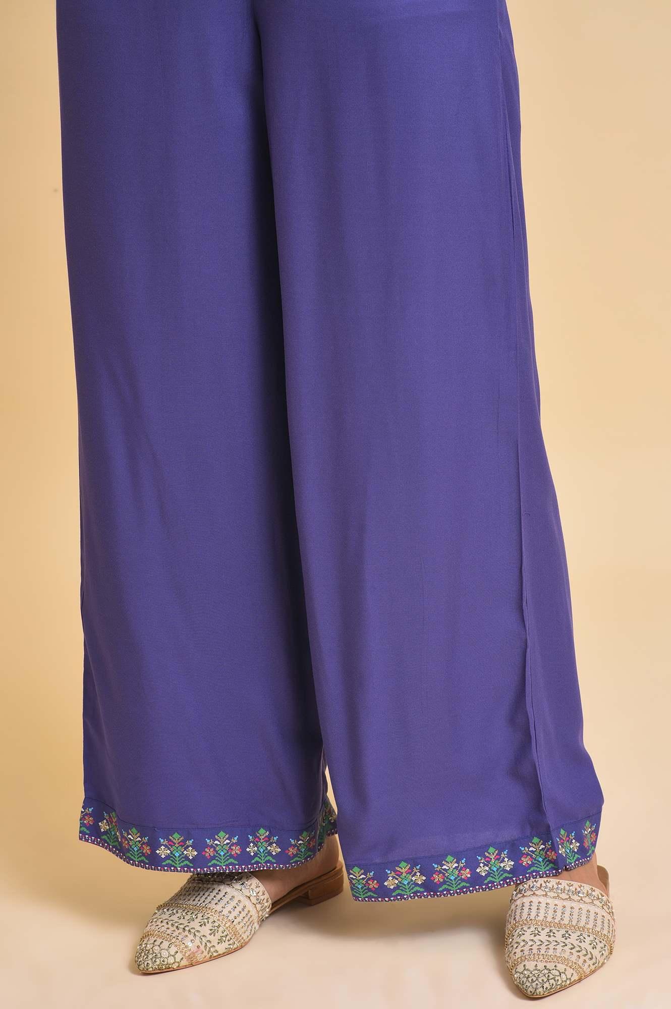 Purple Rayon Embroidered Parallel Pants - wforwoman