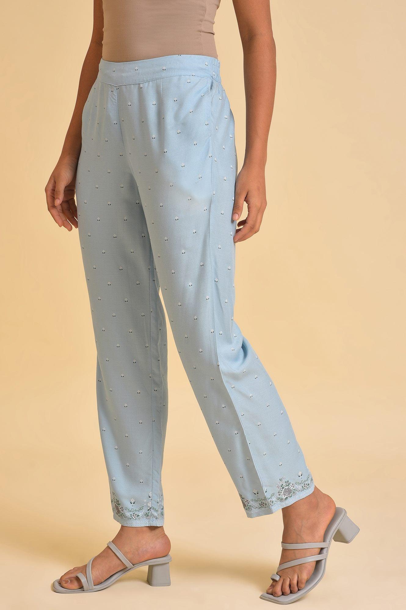 Blue Printed Slim Pants - wforwoman