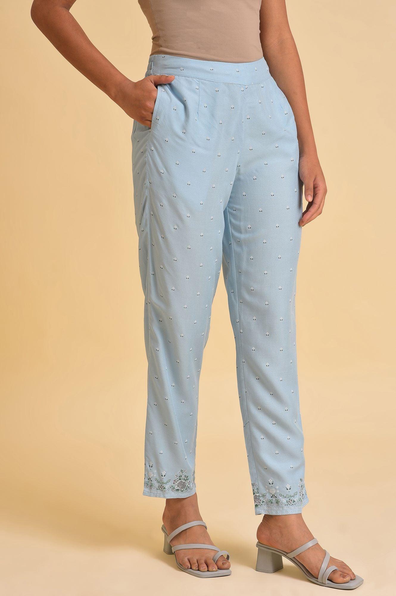 Blue Printed Slim Pants - wforwoman