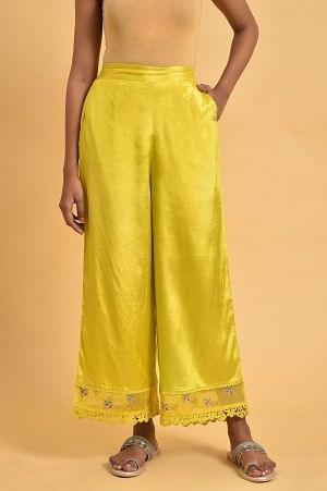 Plus Size Yellow Parallel Pants With Lace And Embroidery - 20