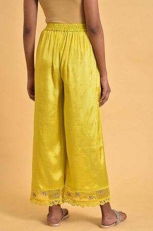 Plus Size Yellow Parallel Pants With Lace And Embroidery