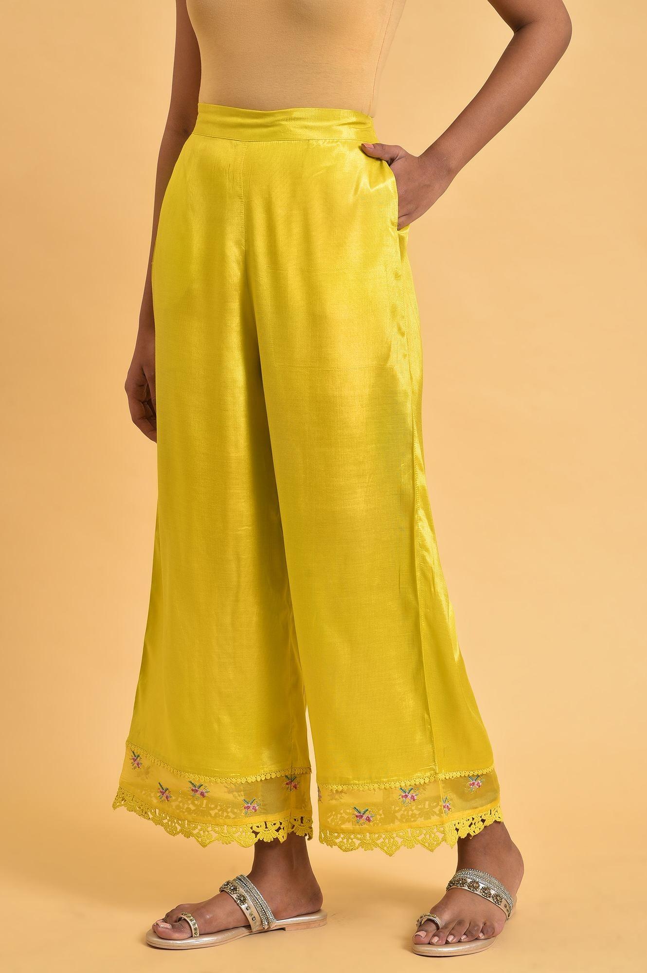 Yellow Parallel Pants With Lace And Embroidery - wforwoman