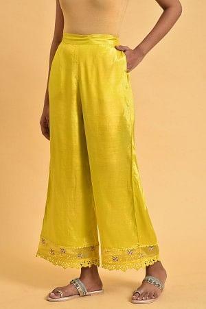 Plus Size Yellow Parallel Pants With Lace And Embroidery