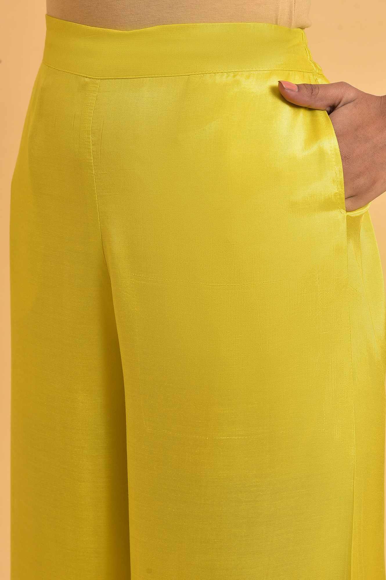 Yellow Parallel Pants With Lace And Embroidery - wforwoman