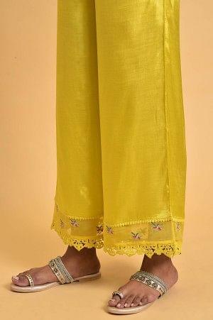 Plus Size Yellow Parallel Pants With Lace And Embroidery