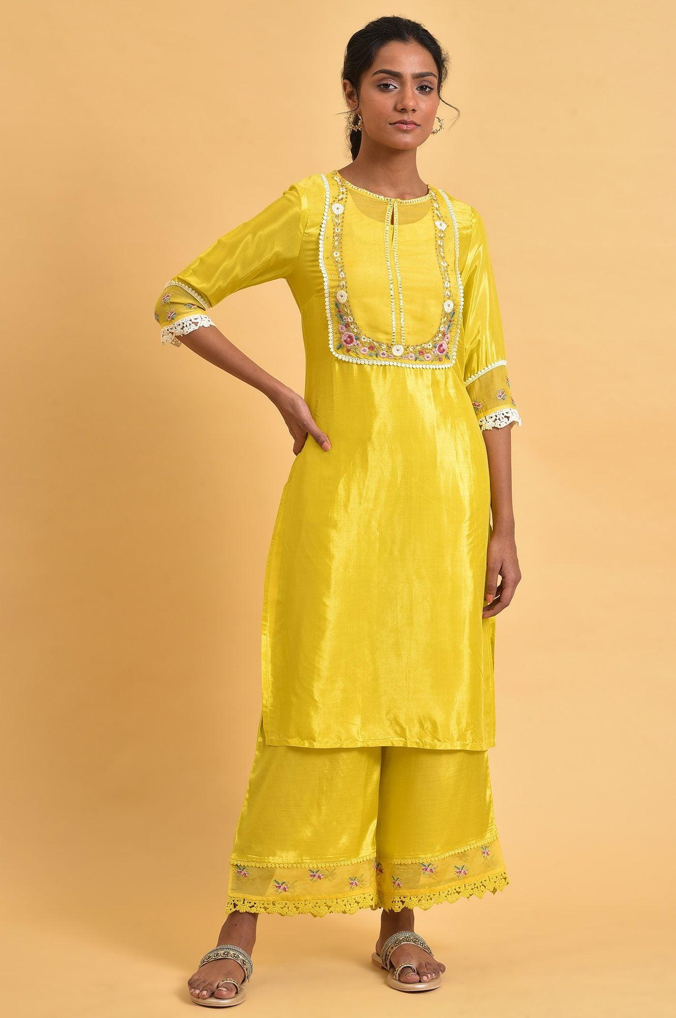 Yellow Parallel Pants With Lace And Embroidery - wforwoman