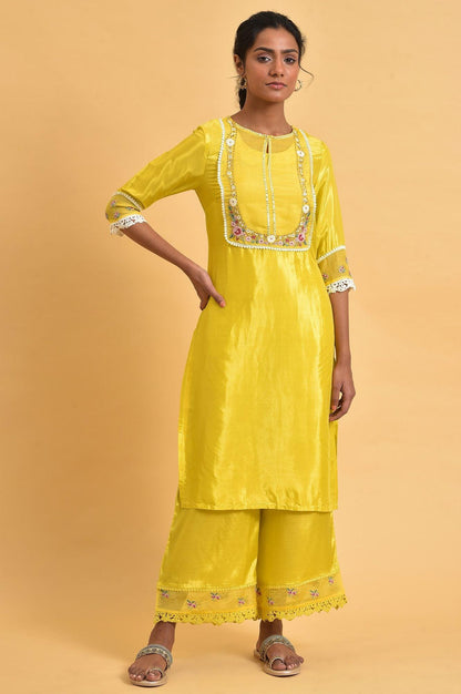 Yellow Parallel Pants With Lace And Embroidery - wforwoman