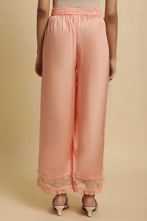 Plus Size Pink Parallel Pants With Lace And Embroidery