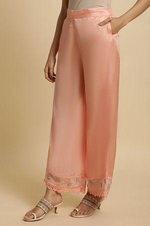 Plus Size Pink Parallel Pants With Lace And Embroidery - wforwoman