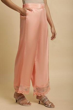 Plus Size Pink Parallel Pants With Lace And Embroidery - wforwoman