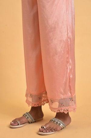 Plus Size Pink Parallel Pants With Lace And Embroidery - wforwoman
