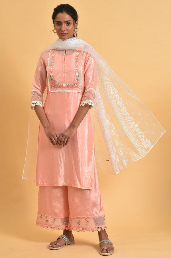 Pink Parallel Pants With Lace And Embroidery