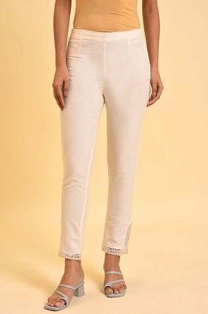 Plus Size Ecru Solid Slim Pants With Lace On Hem - 20