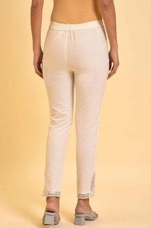 Plus Size Ecru Solid Slim Pants With Lace On Hem