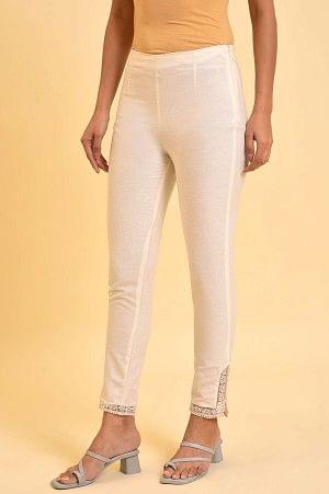Plus Size Ecru Solid Slim Pants With Lace On Hem