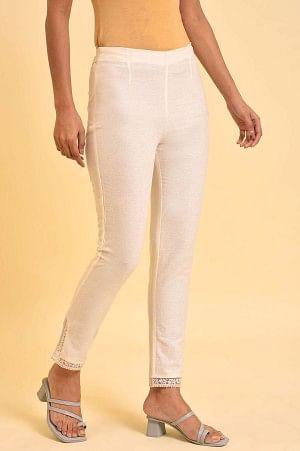 Plus Size Ecru Solid Slim Pants With Lace On Hem