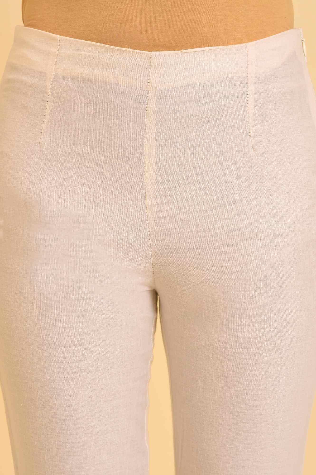 Ecru Solid Slim Pants With Lace On Hem - wforwoman