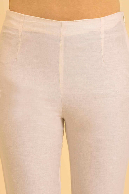 Ecru Solid Slim Pants With Lace On Hem - wforwoman