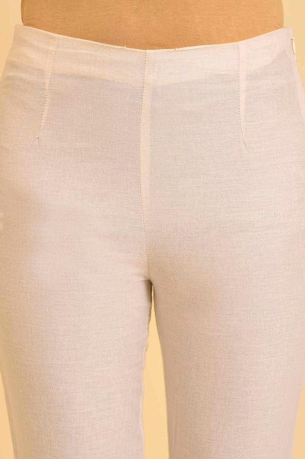 Ecru Solid Slim Pants With Lace On Hem