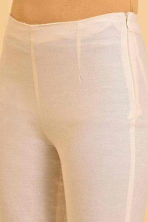 Plus Size Ecru Solid Slim Pants With Lace On Hem