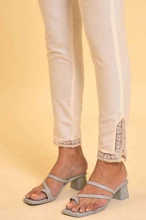 Plus Size Ecru Solid Slim Pants With Lace On Hem