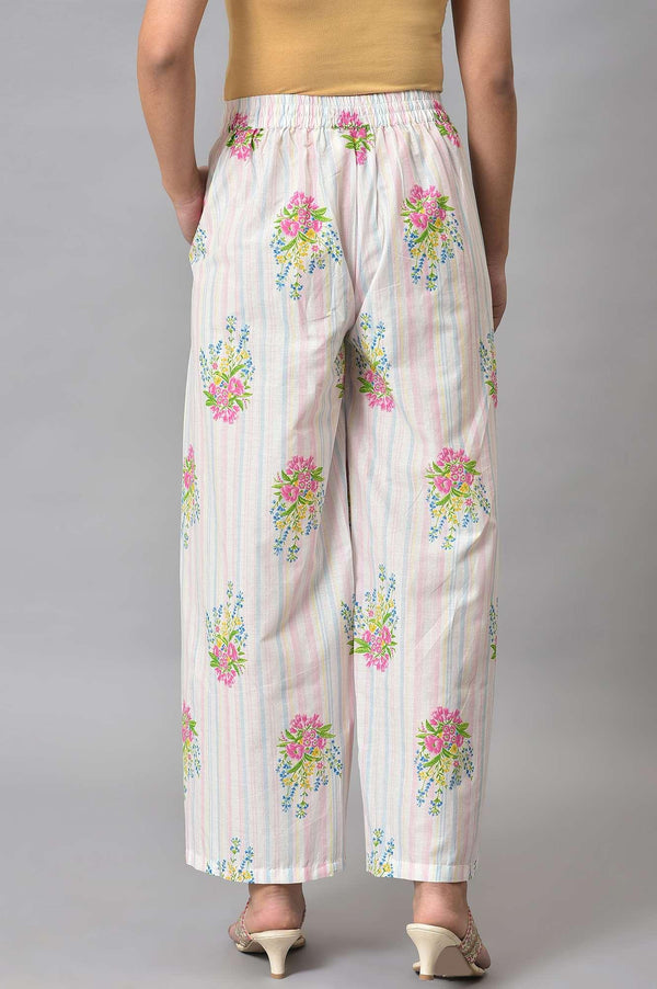 Ecru And Pink Floral Printed Parallel Pants