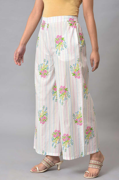 Ecru And Pink Floral Printed Parallel Pants - wforwoman