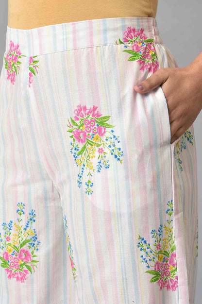 Ecru And Pink Floral Printed Parallel Pants - wforwoman
